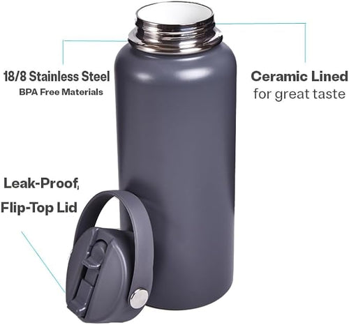32 oz Ceramic Lining Insulated Stainless Steel Water Bottle – Double Wall acuuVm Insulation, Leak-Proof Lid & BPA-Free Design, Perfect for Hiking, Running, Sports & Outdoor Adventures (1, Grey) Brand: pingzzking