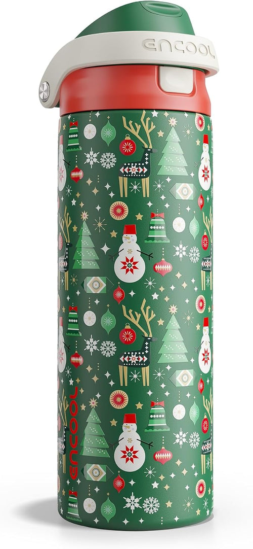 Christmas Insulated Water Bottle with Straw - Leak Proof Stainless Steel Water Bottle for School, Travel, Keeps Cold All Day, One-Touch Flip Lid, Holiday Gifts For Women Men, 24 oz, Frosty Forest