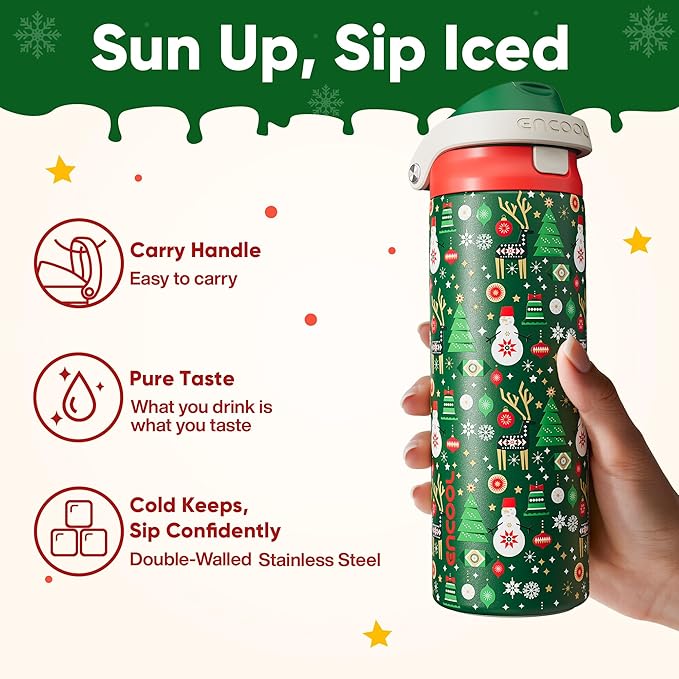 Christmas Insulated Water Bottle with Straw - Leak Proof Stainless Steel Water Bottle for School, Travel, Keeps Cold All Day, One-Touch Flip Lid, Holiday Gifts For Women Men, 24 oz, Frosty Forest